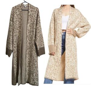TopShop Cardigan Long Line Wool Blend Leopard Print Accent Mob Wife Grunge